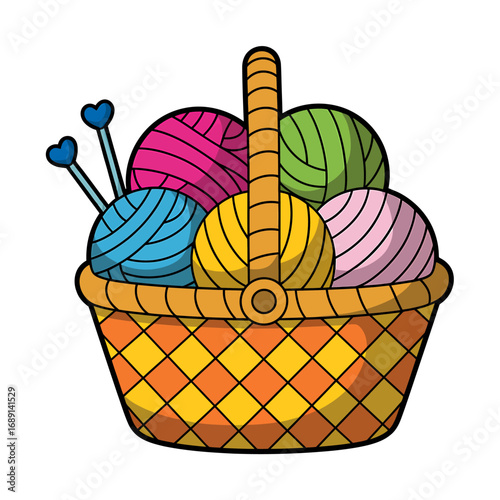 Colorful Yarn Balls in Woven Basket with Knitting Needles a Crafting and Hobby Concept Illustration