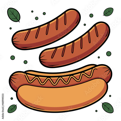 Delicious Hot Dog and Sausages Cartoon Illustration Perfect for Food Blogs and Restaurant Menus with Simple Background