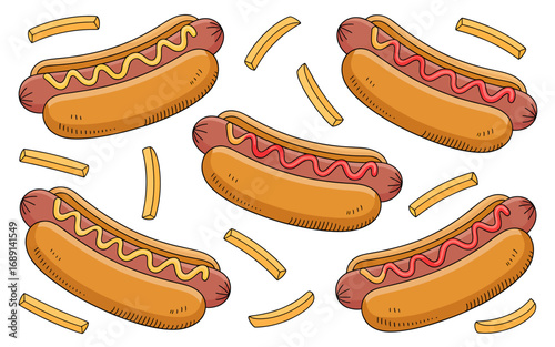 Delicious Hot Dogs and French Fries Seamless Pattern Illustration for Food Lovers and Fast Food Themes