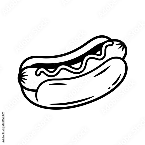 Delicious Hotdog with Mustard in Black and White Line Art Perfect for Culinary Themes and Fast Food Designs