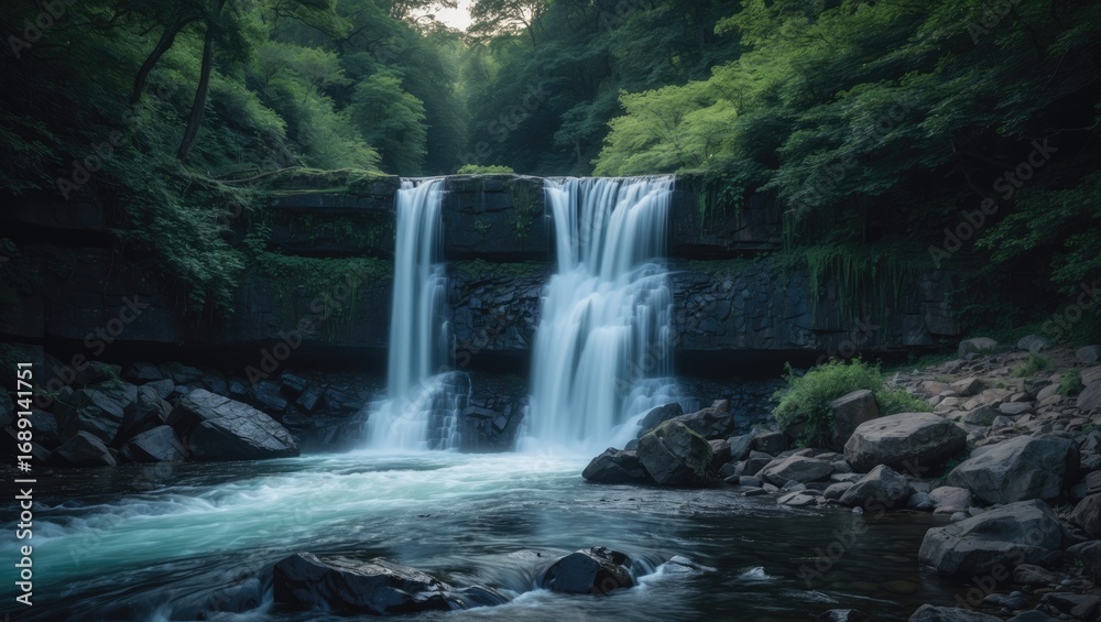 Fototapeta premium A waterfall in a lush green forest with flowing water and rocks, capturing a peaceful natural scene.