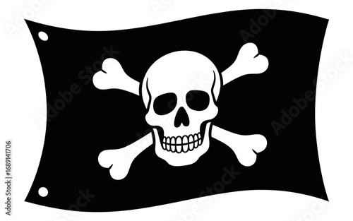 Pirate flag with skull and crossbones symbol on black fabric background representing danger adventure and nautical themes in a stylized design