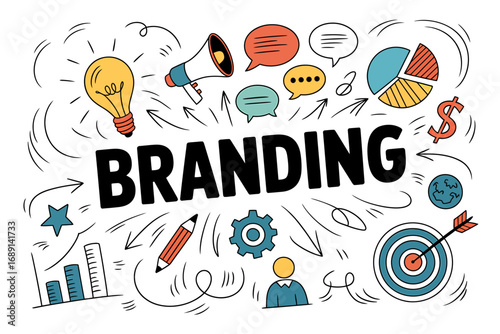 Branding doodle illustration encompassing key elements of successful business strategies and marketing tactics for increased visibility and recognition