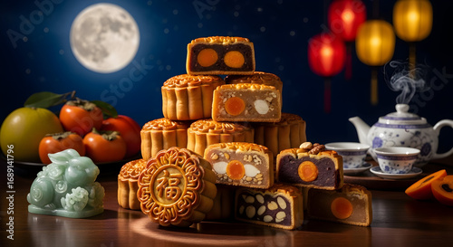 Enjoy delicious mooncakes with tea in a tranquil under a full moon and lanterns during the Mid-Autumn Festival in a serene, traditional setting