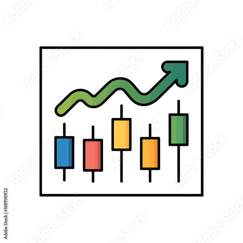 Stock market growth chart with candlesticks and upward trending arrow indicating profit and business success in financial markets analysis