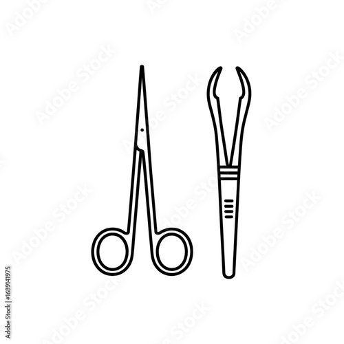 Minimalist Line Art Illustration of Surgical Instruments Scissors and Forceps for Medical or Veterinary Use in Clean White Background