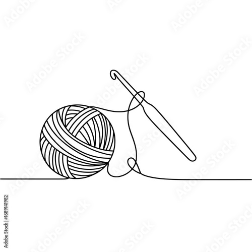 Continuous line drawing of a yarn ball and crochet hook representing crafting hobbies and creative activities ideal for textile arts projects