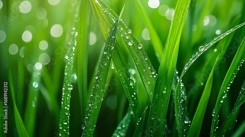 Detailed view of wet green grass blades with morning dew and bokeh water drops photo