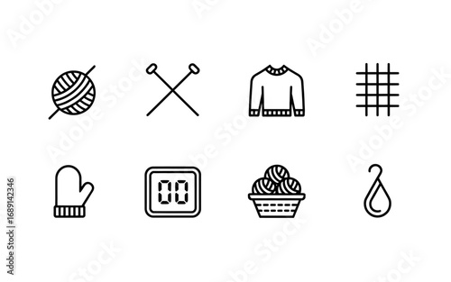 Knitting hobby icons collection in vector design with wool yarn needles sweater and other tools for crafters