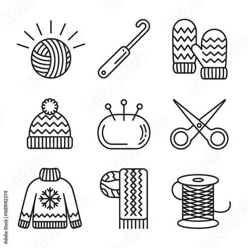 Collection of winter knitting elements featuring cozy apparel tools and accessories in minimalist line art style for creative projects
