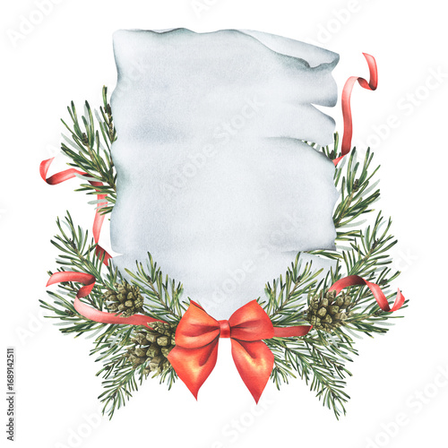 Holiday frame with spruce branches, pinecones and red bow on paper scroll, hand-painted watercolor illustration, elegant Christmas template for greeting cards, invitations and festive design.