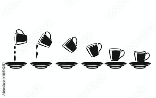 Black and white sequence of a cup pouring liquid onto a saucer graphic on white background