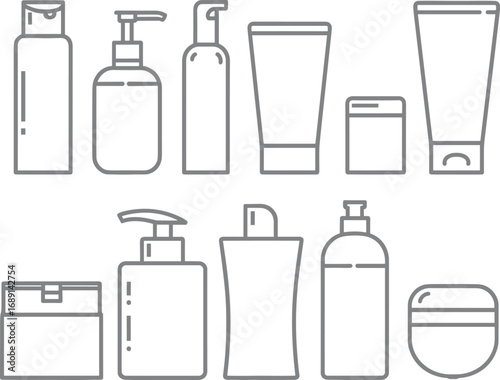 Cosmetic bottles and containers vector set, skincare packaging illustration, lotion tube, cream jar, shampoo bottle, pump dispenser, beauty product design elements