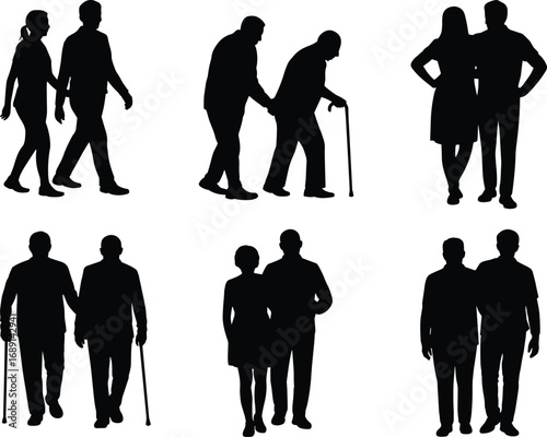 Couple silhouettes walking together, elderly people with cane, senior companionship vector, man and woman relationship icons, family care support illustration set