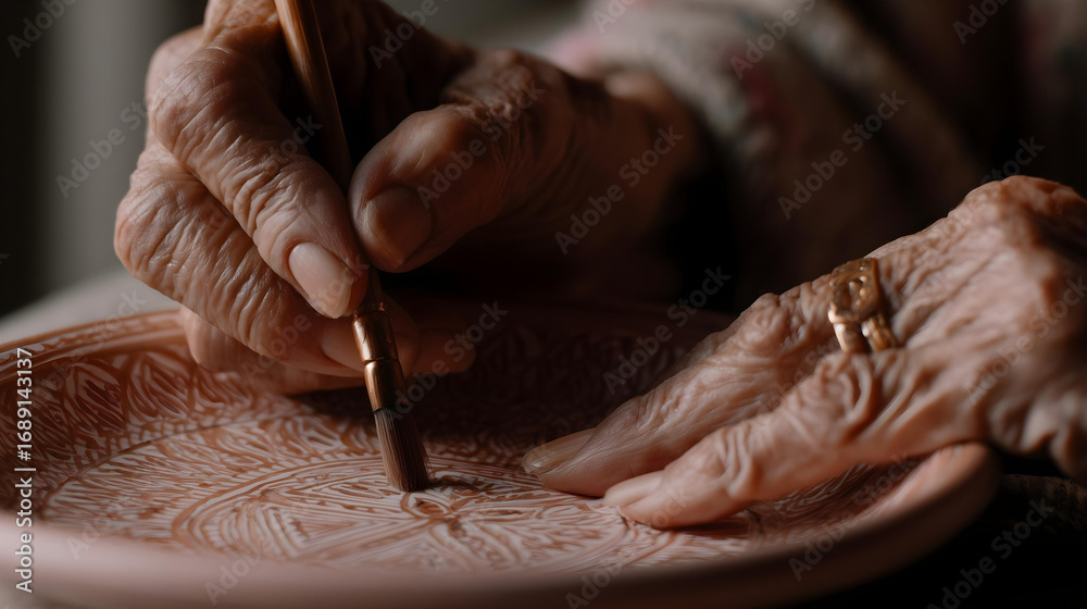 Obraz premium close-up of aged hands painting tiny details on handmade ceramic plate, 