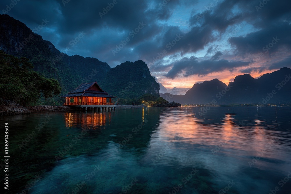 Fototapeta premium Illuminated wooden stilt house on tranquil water mountains and dramatic sunset clouds in background