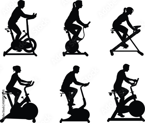 Exercise bike silhouette vector, indoor cycling fitness illustration, workout training equipment graphic, gym cardio design, stationary bike exercise, health, sport, aerobic activity icon set