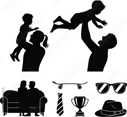 Family and fatherhood silhouette vector set, parents with children, lifestyle elements icons collection, love, parenting, relationship, celebration, family life illustration