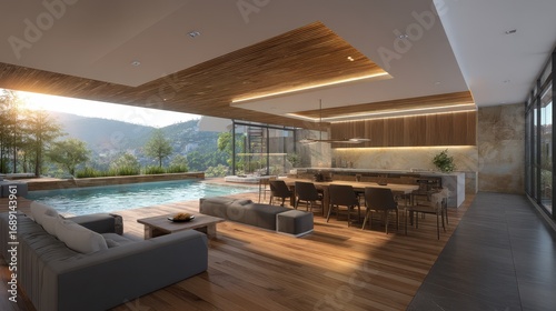 Wallpaper Mural Modern open plan living space with pool and scenic hillside view featuring a dining area and lounge Torontodigital.ca