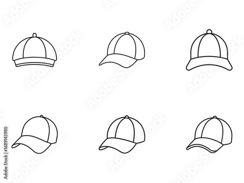 Set of Outline Style Caps Collection Fashion Accessory Illustration Vector Graphic Template Various Hat Designs for Clothing and Headwear