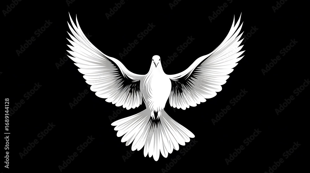 Obraz premium Vector illustration of dove with spread wings in white on black background, peace symbol or spiritual sign, suitable as decorative design element or for print, flat style vector logo concept of open-w