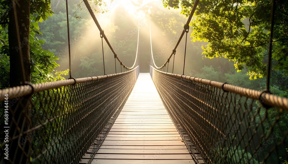 Fototapeta premium Walking Across a Suspension Bridge in a Forest with Sun Rays