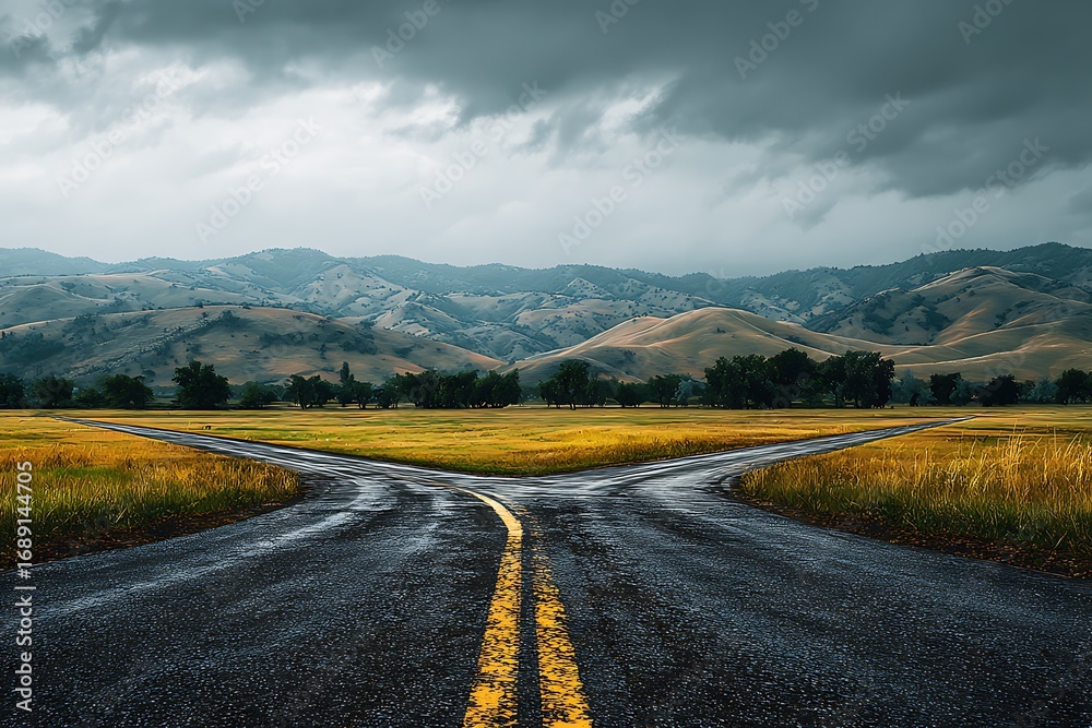 Naklejka premium Rainy scene with intersecting country roads and grey sky 