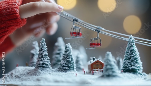 Enchanting Winter Scene: Person Adjusting Miniature Ski Lift
