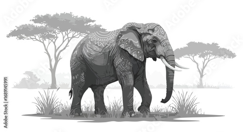 African Elephant Walking in the Savanna Landscape Black and White Illustration