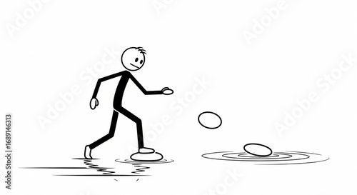 Whimsical water play: A stick figure finds joy in the art of skipping stones across the serene