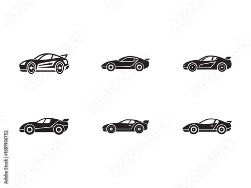 Set of Six Black Silhouette Sports Cars Isolated on White Background Automobile Design Vector Illustration