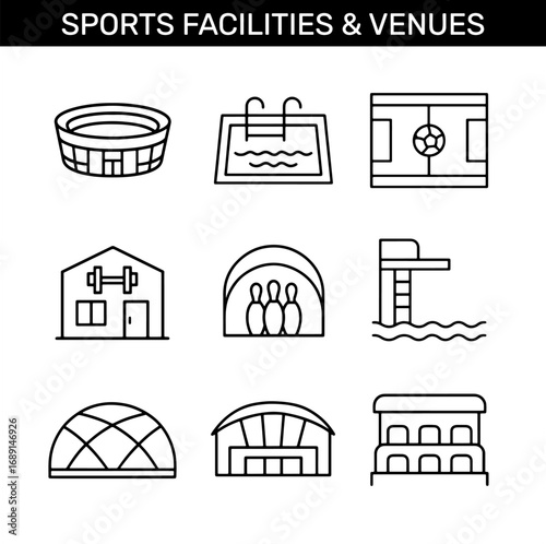 Sports facilities and venues outline icons set. Stadium, swimming pool, football field, gym, bowling, stands, dome, arena, diving platform