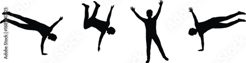 Silhouette of male gymnast in acrobatic poses, athlete performing handstands and flips, sports body movement vector, exercise illustration, fitness design, artistic motion