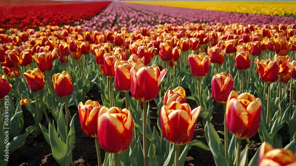 Obraz premium Vibrant Close-Up of Colorful Tulip Field in Full Bloom