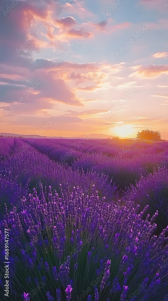 Fototapeta premium Expansive lavender field under a colorful sunset sky with soft clouds purple flowers photo
