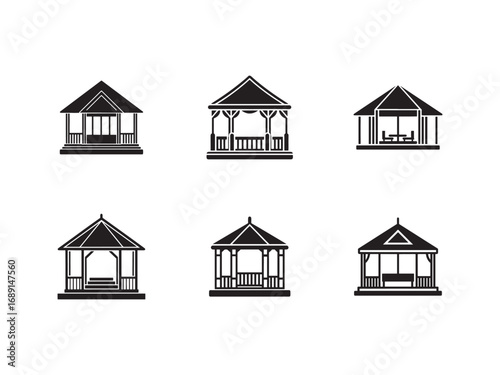 Set of Six Gazebo Icon Designs with Varying Roof and Railing Styles in Minimalist Black Silhouette on White Background