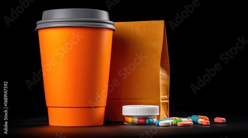 Wallpaper Mural Orange cup with a gray lid, a small brown paper bag, and colorful pills scattered around a small jar against a stark black background Torontodigital.ca