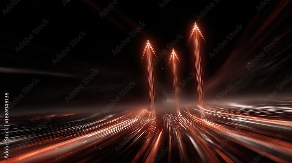 Obraz premium Three glowing arrows point upwards on a black background with streaks of light creating a futuristic, abstract scene.