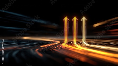 Three glowing arrows point upwards on a black background with streaks of light creating a futuristic, abstract scene.