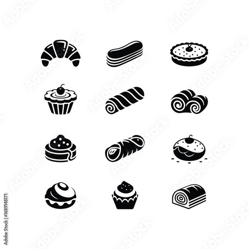 Collection of delicious pastry icons in black and white