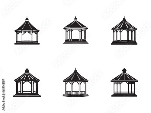 Set of Six Gazebo Silhouettes Minimalist Designs for Architectural Plans and Landscape Decor Projects Isolated on White