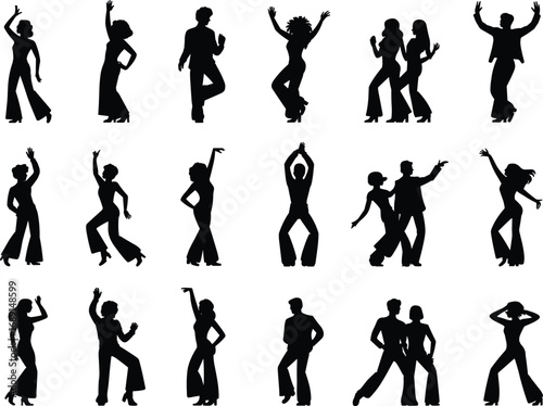 Silhouette vector illustration of dancing people, disco party movement, retro dance style, nightlife celebration, performance art concept, energetic poses, music rhythm activity