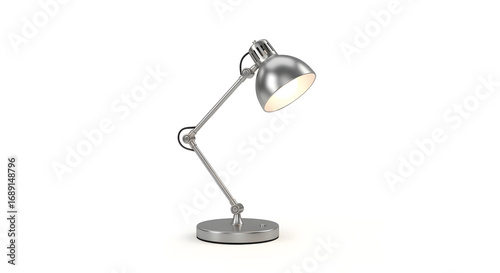 Silver desk lamp with light bulb on white background