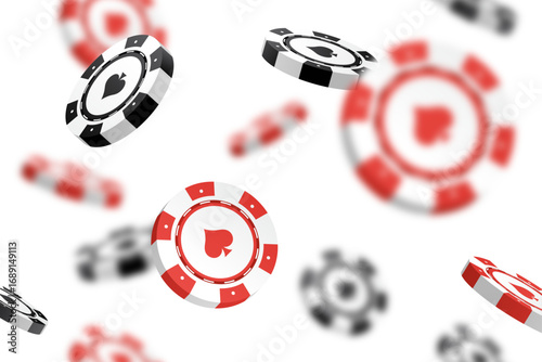 Casino chips falling seamless background isolated on white in different positions. Poker endless texture with falling defocused blur elements, vector 10 eps.