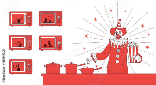 A comical portrayal of modern versus traditional cooking methods in vibrant vector art
