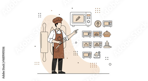 A detailed illustration of a chef presenting microwave oven recipes for cooking and baking delights