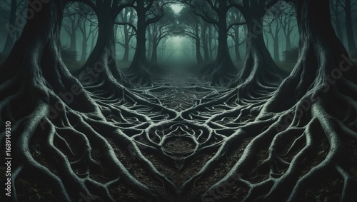 Dark forest with twisted roots and eerie atmosphere, creating a mysterious and haunting scene.