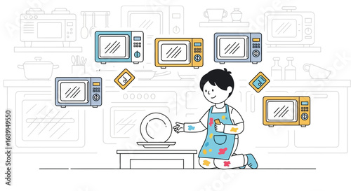 A kitchen full of microwaves with a boy painting plates in a playful and artistic setting