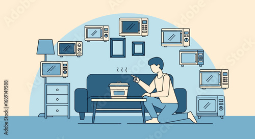 A man in a room full of microwave ovens looks at a steaming container on the table