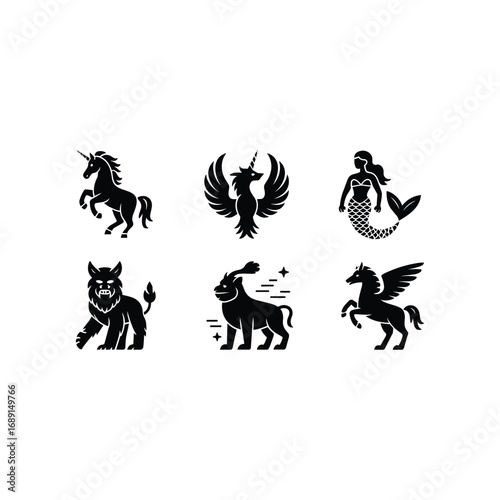 Collection of mythical creatures silhouettes unicorn phoenix mermaid lion pegasus
